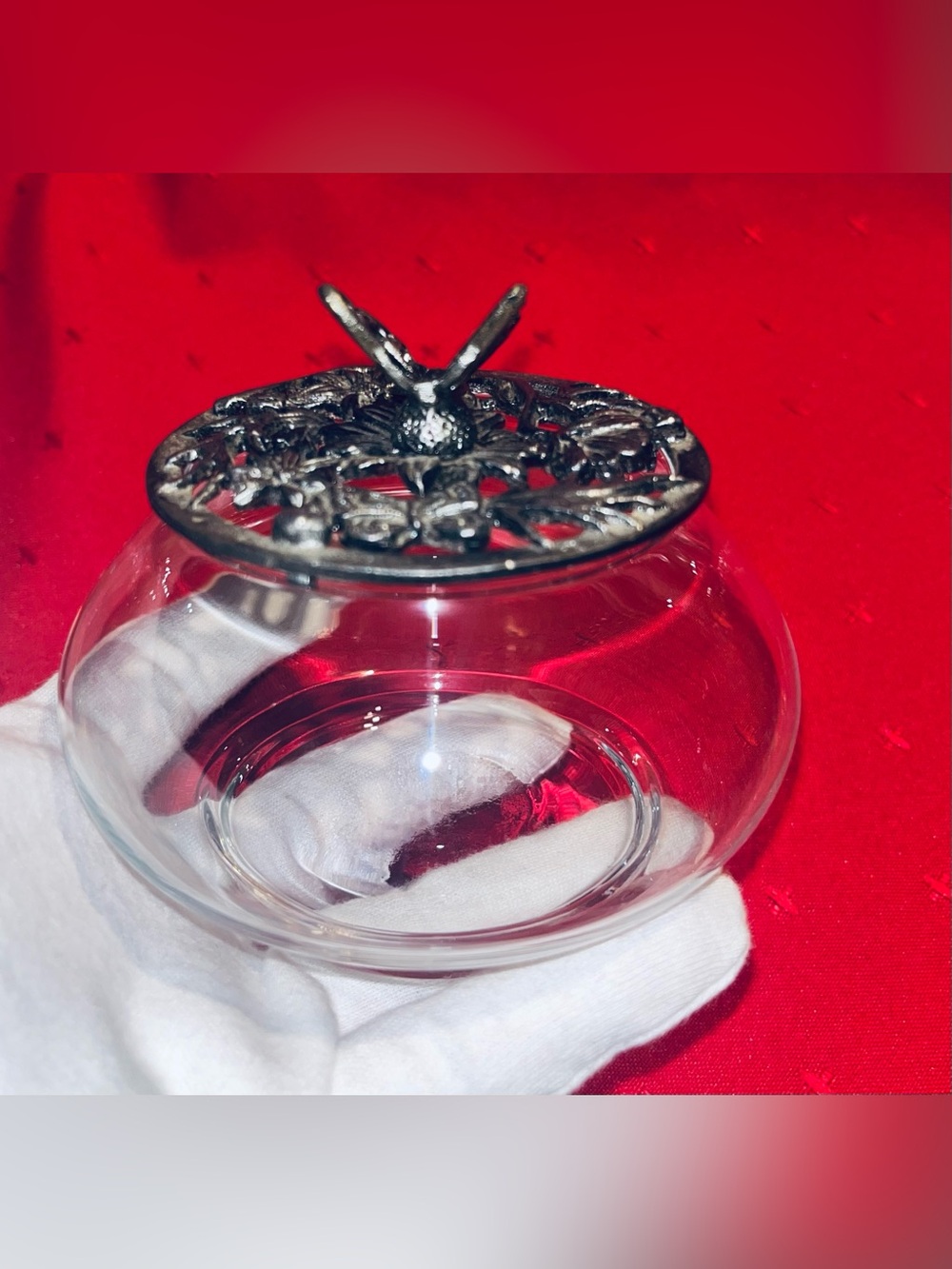 Vintage Clear Glass Jar with Decorative Silver-Tone Filigree Lid